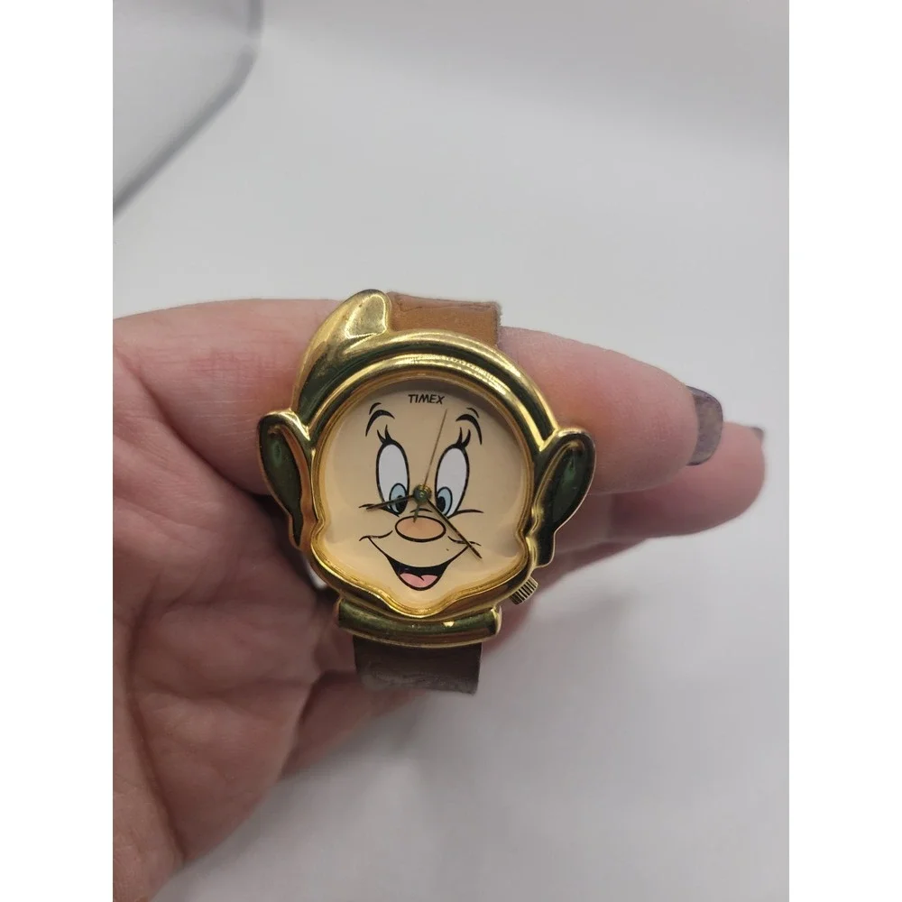 Vintage Disney Dopey Timex Watch Snow White Seven Dwarfs Gold Tone Leather